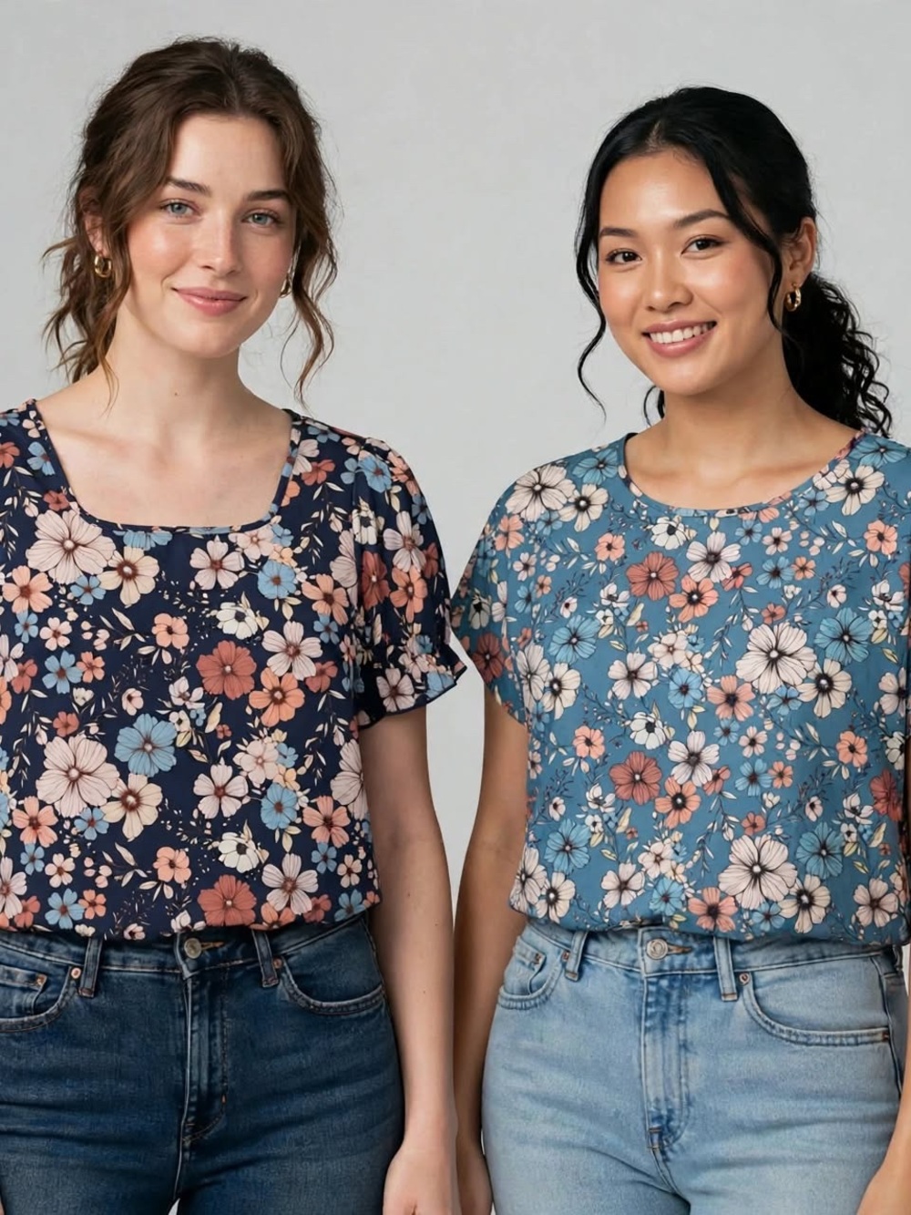 SHEIN Floral Short Sleeve Top in Navy and Blue